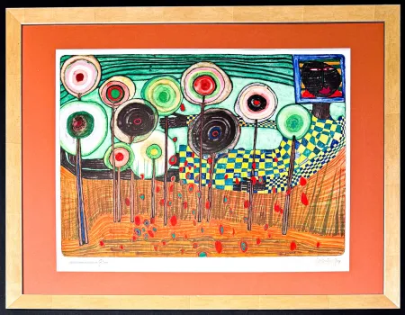 Lithographie Hundertwasser - Black girl finding in the blue mountains of the kingdom of the toros