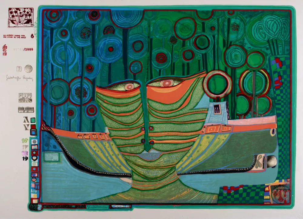 Siebdruck Hundertwasser - Kolumbus Regentag in Indien, Plate 6, 1970-72