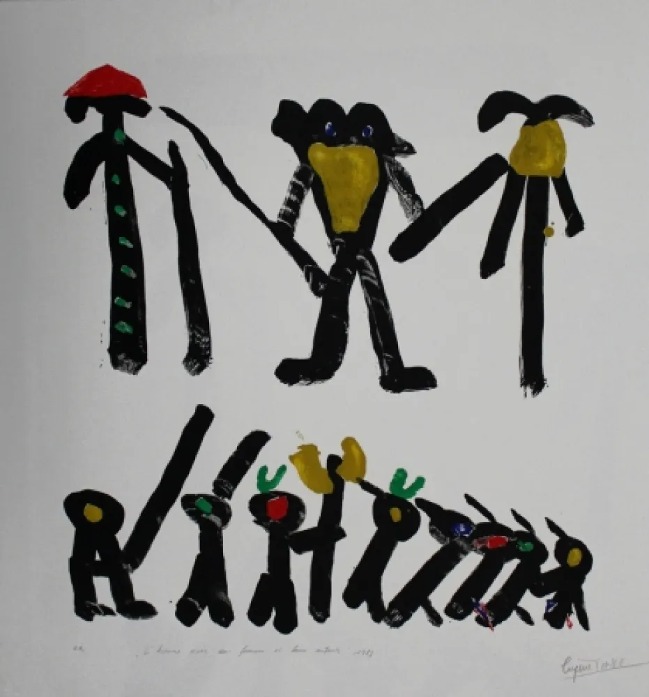 Lithographie Ionesco - L'homme avec deux femmes et leurs enfants