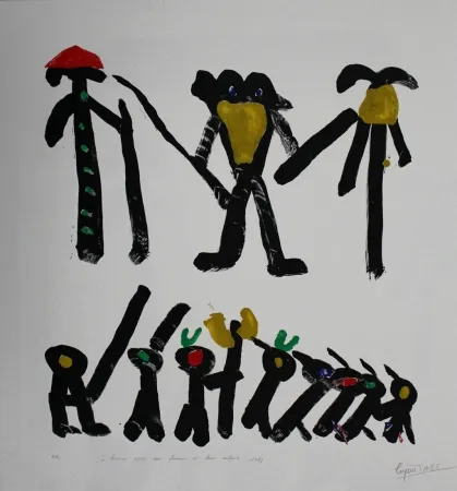 Lithographie Ionesco - L'homme avec deux femmes et leurs enfants