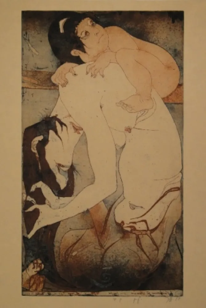 Radierung Und Aquatinta Janssen - Die Bergfrau Yamauba und das Riesenkind Kintaro