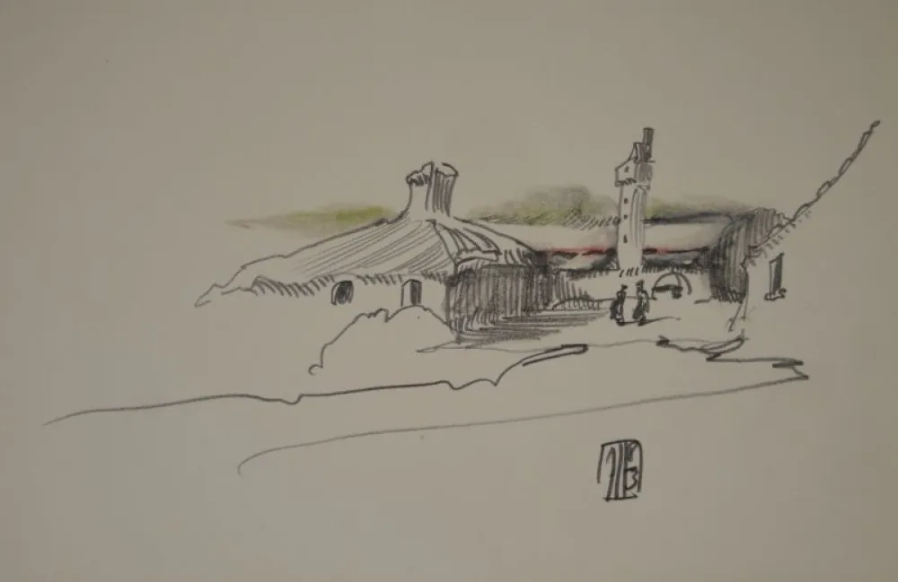 Keine Technische Janssen - (Nordische Landschaft mit Gebäuden, Turm und zwei Personen)