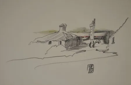 Keine Technische Janssen - (Nordische Landschaft mit Gebäuden, Turm und zwei Personen)