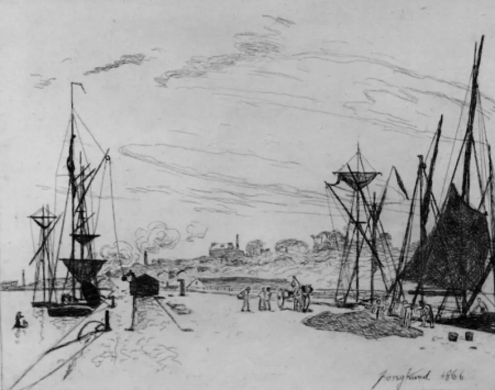 Radierung Jongkind - Vue du port au chemin de fer a Honfleur