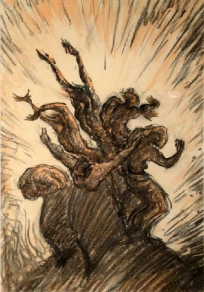 Monotypie Junghanns - Vor Lichterscheinung fliehende Menschengruppe