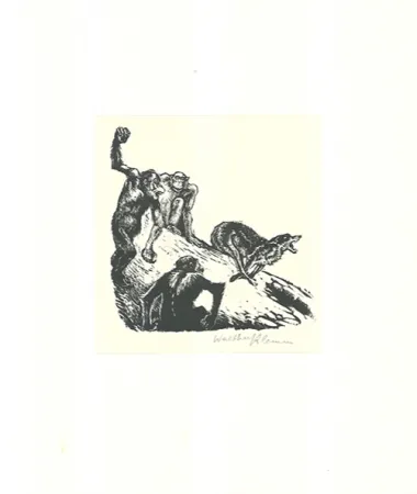 Holzschnitt Klemm - Affen jagen den Wolf