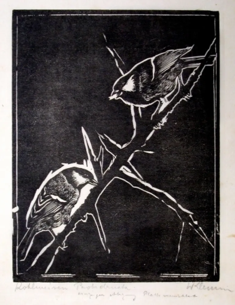 Holzschnitt Klemm - Kohlmeisen (Great Tits)