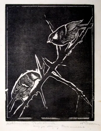 Holzschnitt Klemm - Kohlmeisen (Great Tits)