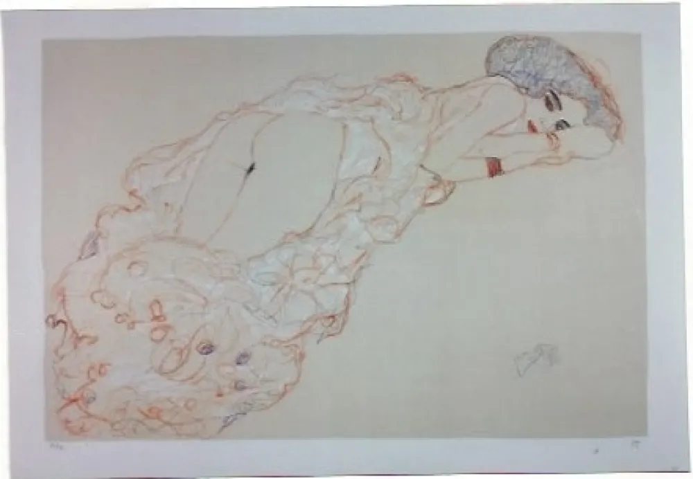 Lithographie Klimt - La fille en robe longue