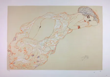 Lithographie Klimt - La fille en robe longue / Reclining Nude Lying on Her Stomach and Facing Right / Auf dem Bauch liegender Halbakt nach rechts - 1910 