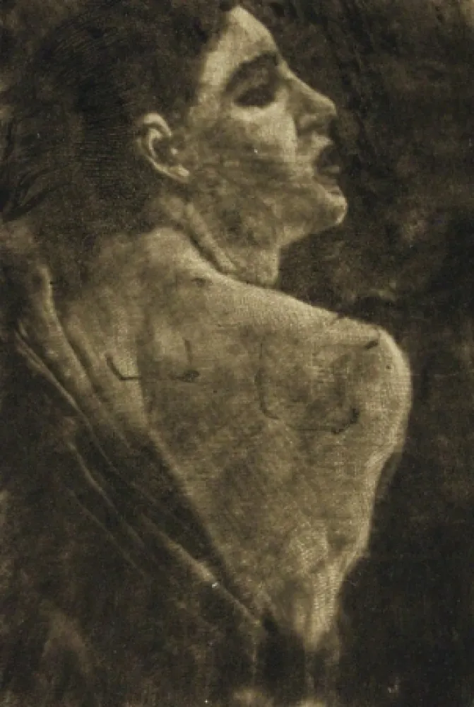 Stich Klinger - Weibliche Halbfigur Schabkunstversuch.