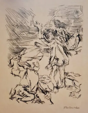 Kaltnadelradierung Kokoschka - Die Frösche: Dionysos und der schwer beladene Xanthias am Totensee