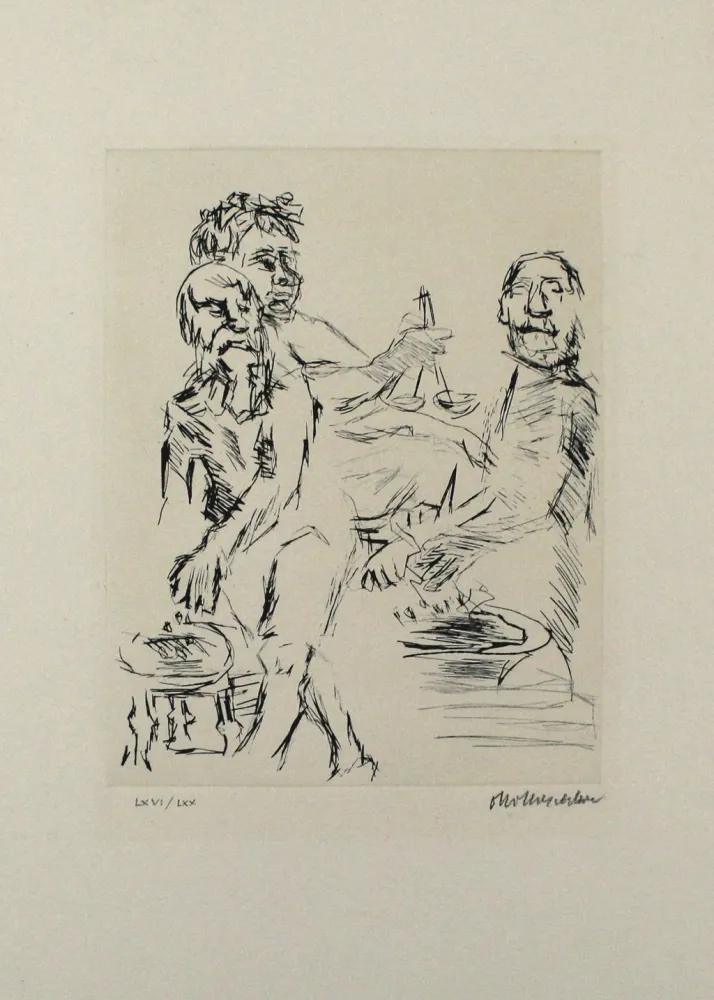 Kaltnadelradierung Kokoschka - Dionysos, Aischylos und Euripides opfern vor dem Wettkampf