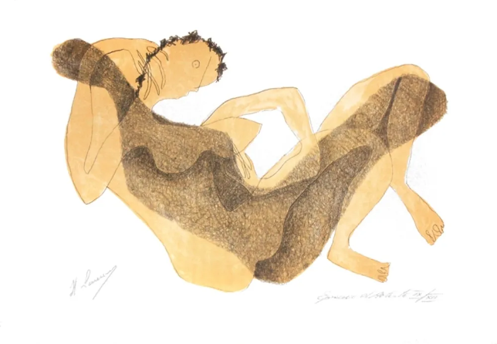 Lithographie Laurens - Femme allongée au bras levé (1950)
