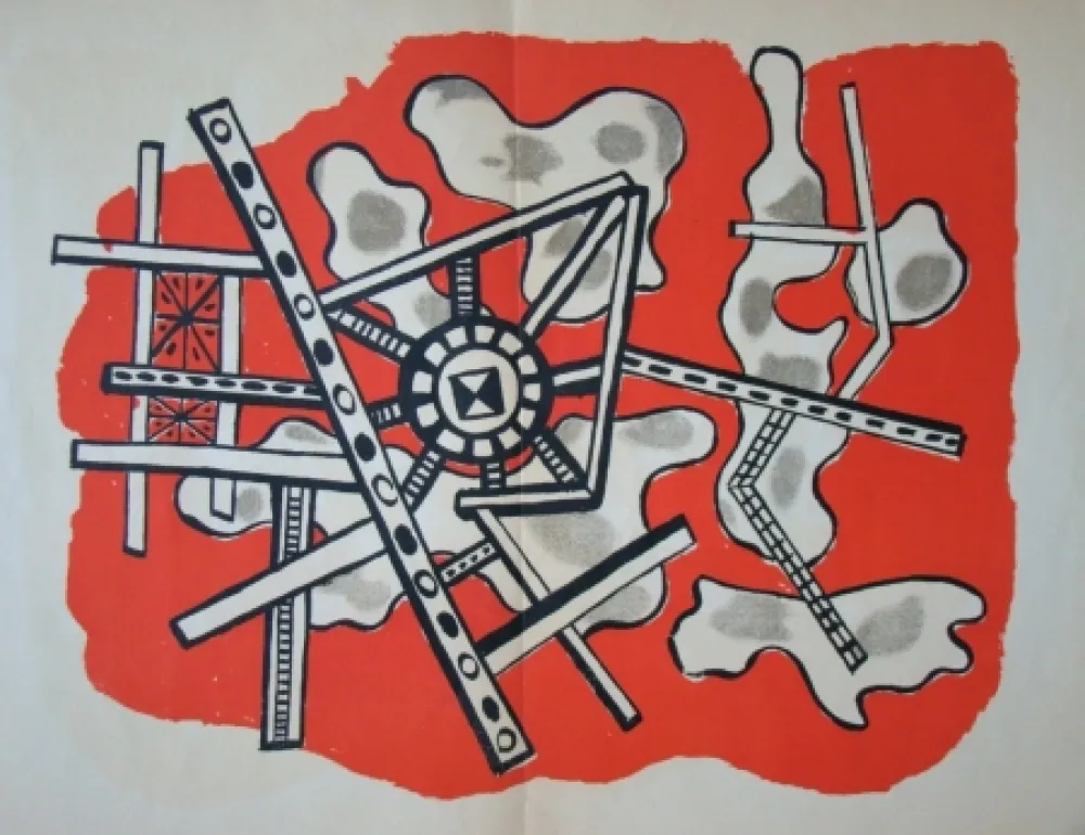 Lithographie Leger - Construction sur fond rouge