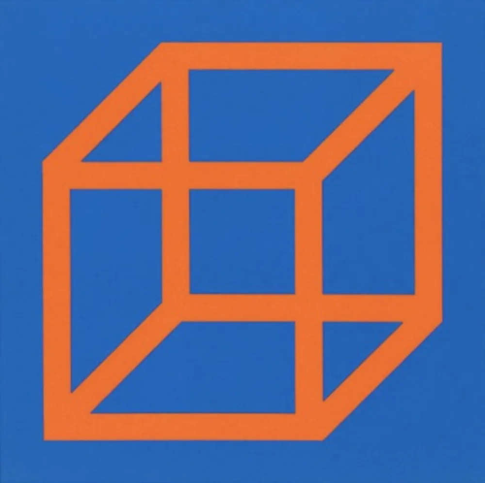 Linolschnitt Lewitt - Cubes in Color on Color (Blue/Orange)