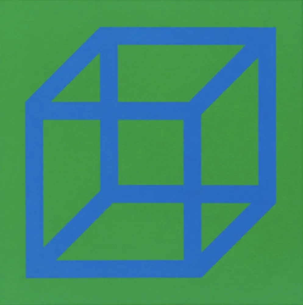 Linolschnitt Lewitt - Cubes in Color on Color (Green/Blue)