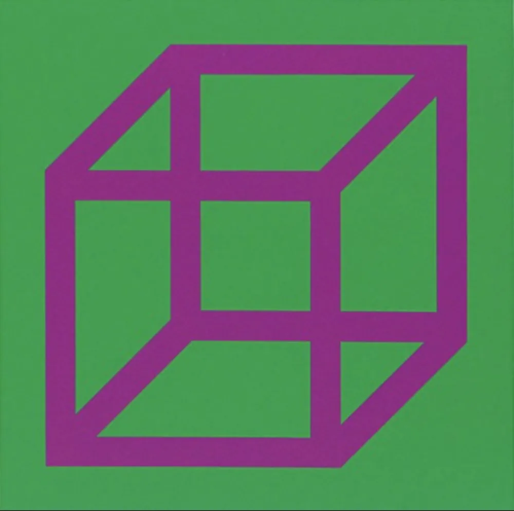 Linolschnitt Lewitt - Cubes in Color on Color (Green/Purple)
