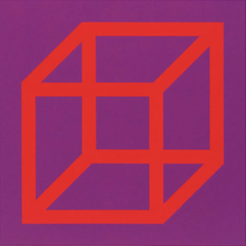 Linolschnitt Lewitt - Cubes in Color on Color (Purple/Red)