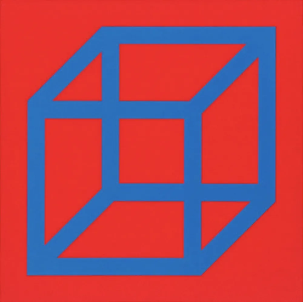 Linolschnitt Lewitt - Cubes in Color on Color (Red/Blue)
