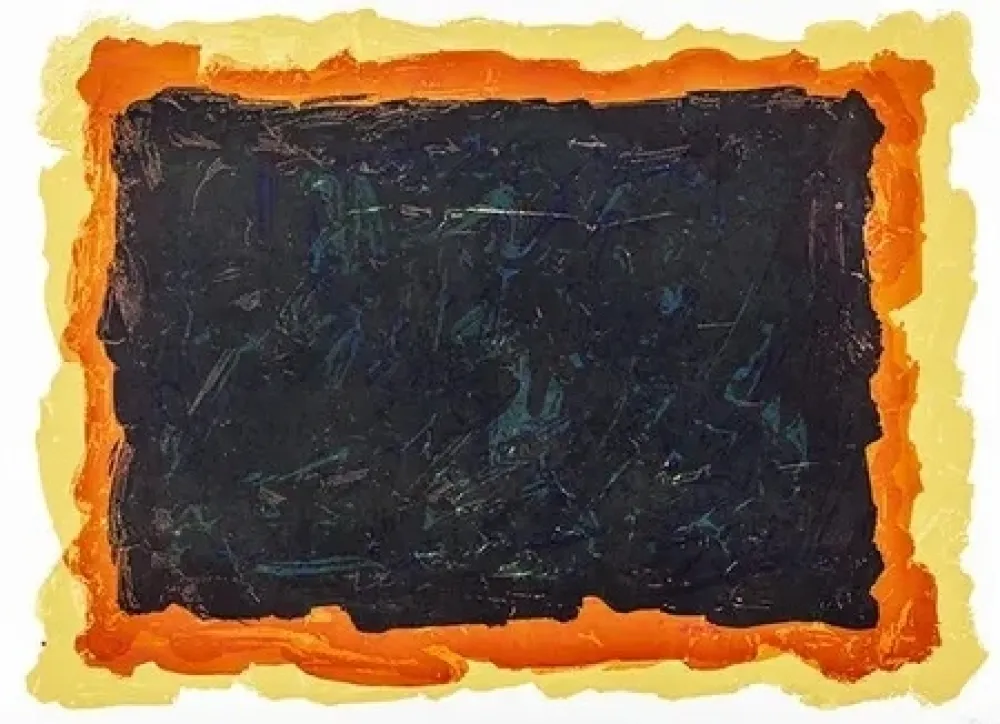 Aquatinta Lewitt - Rectangles irréguliers rouges, jaunes et bleus superposés.