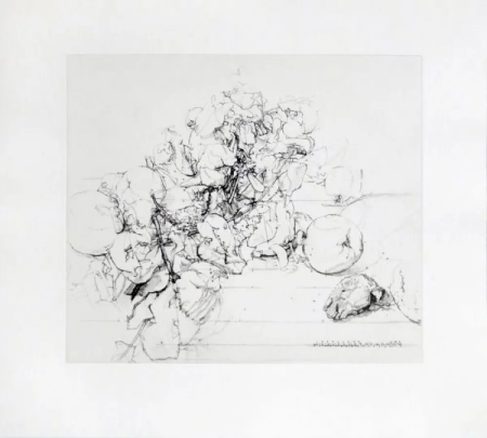 Radierung Und Aquatinta López Garcia - Membrillos, granadas y cabeza de conejo