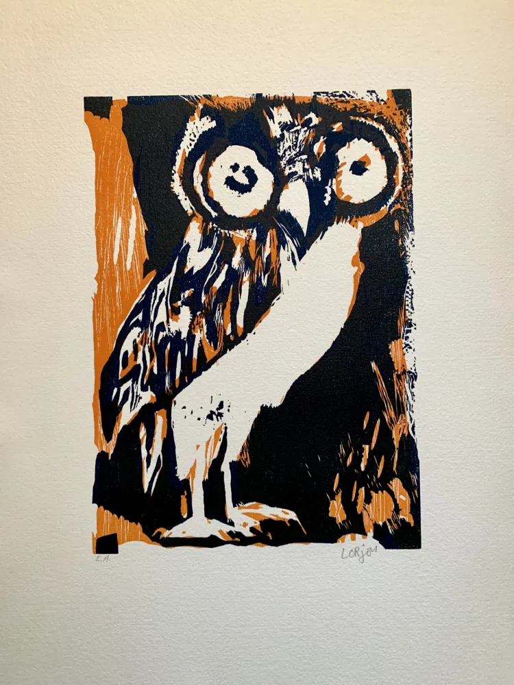 Holzschnitt Lorjou - Les animaux  : Chouette orange