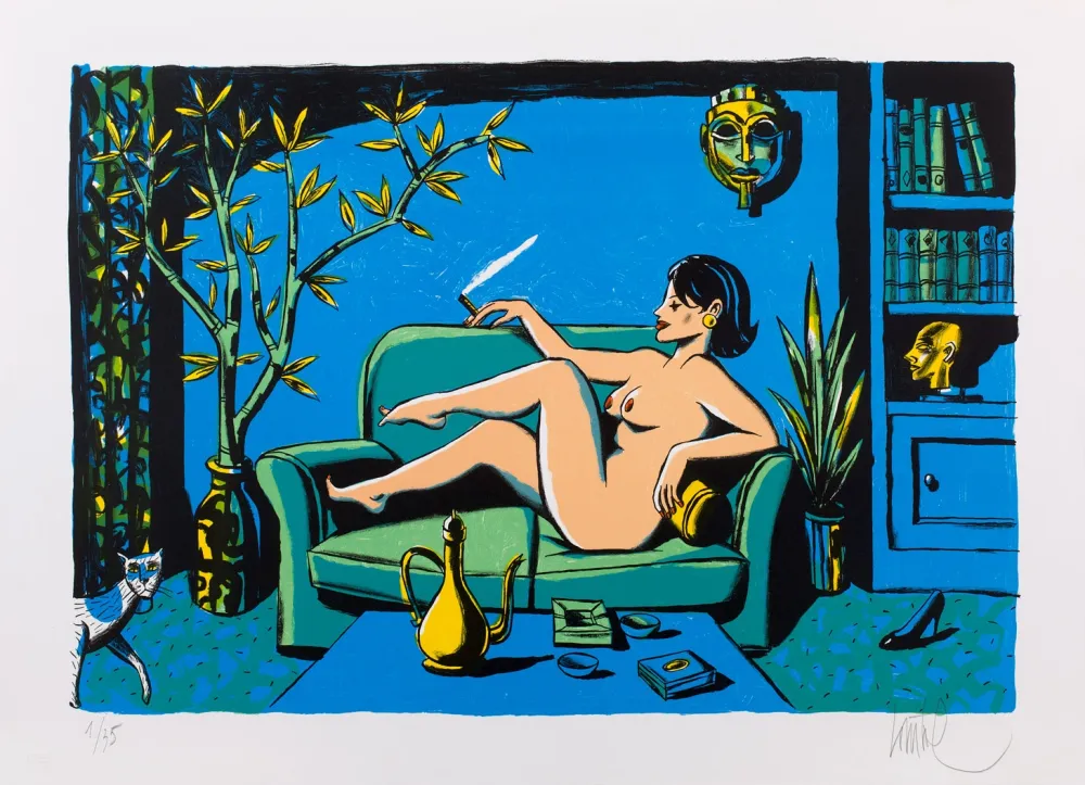 Lithographie Loustal - Nu au Masque