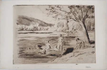 Kaltnadelradierung Luce - Maximilien LUCE - Baigneurs à la rivière, Bessy Vers 1890 - Gravure originale signée