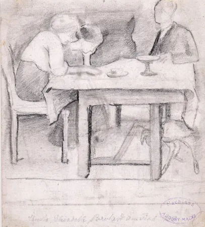 Keine Technische Macke - Christa, Elisabeth, Bernhard am Tisch. Verso: Geburtstagstisch für Sofie Gerhardt.