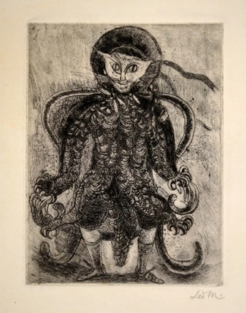 Radierung Maillet - (Katzenwesen auf Sessel)