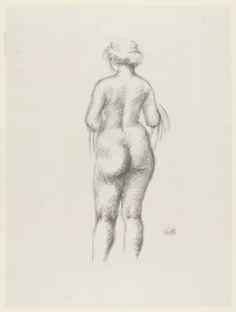 Lithographie Maillol - Femme nue de dos tenant une echarpe 