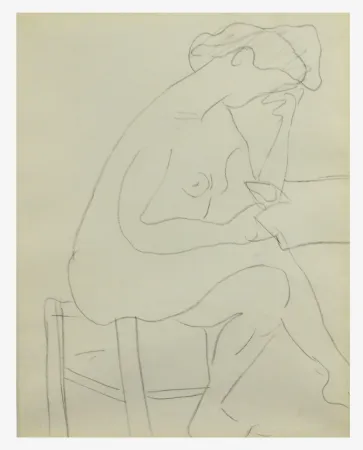 Keine Technische Marquet - Modèle nu au tabouret à sa lecture, Dessin