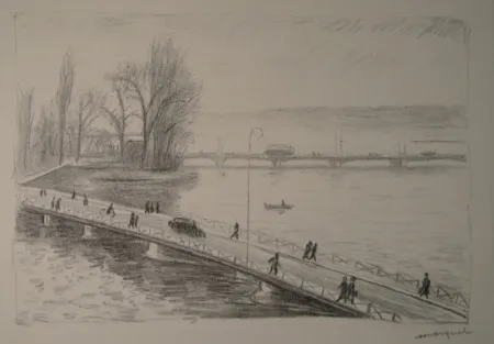 Radierung Marquet - Vue de deux Ponts (L'île Rousseau, Genève).