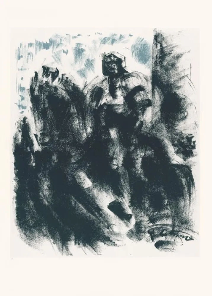 Lithographie Masson - Statue du Colleone, la nuit (Voyage à Venise)