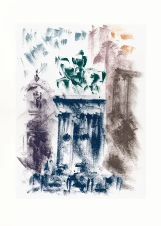 Lithographie Masson - Statue du solleone, le matin (Voyage à Venise)
