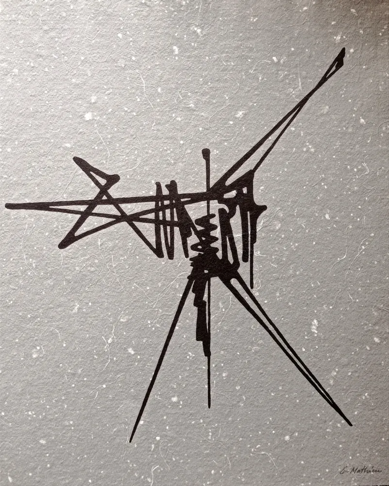 Keine Technische Mathieu - Abstract Composition, Beautiful Hand signed lithograph, black abstraction on grey background , Hand signed!