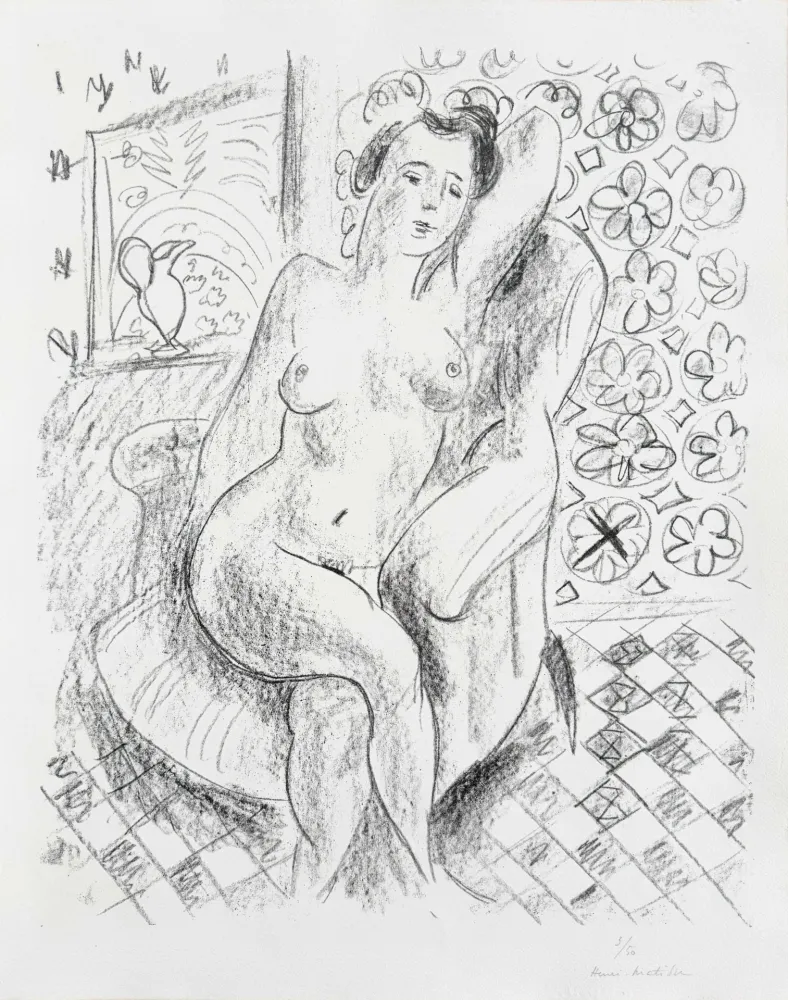 Lithographie Matisse - Nu au fauteuil sur fond moucharabieh (Nude in an Armchair, with a Mashrabiya Background)