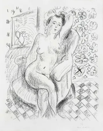 Lithographie Matisse - Nu au fauteuil sur fond moucharabieh (Nude in an Armchair, with a Mashrabiya Background)
