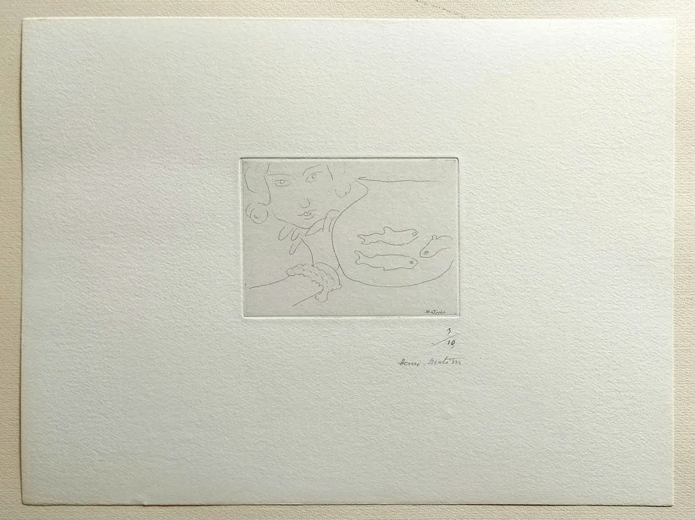 Radierung Matisse - Visage de jeune femme et bocal aux trois poissons