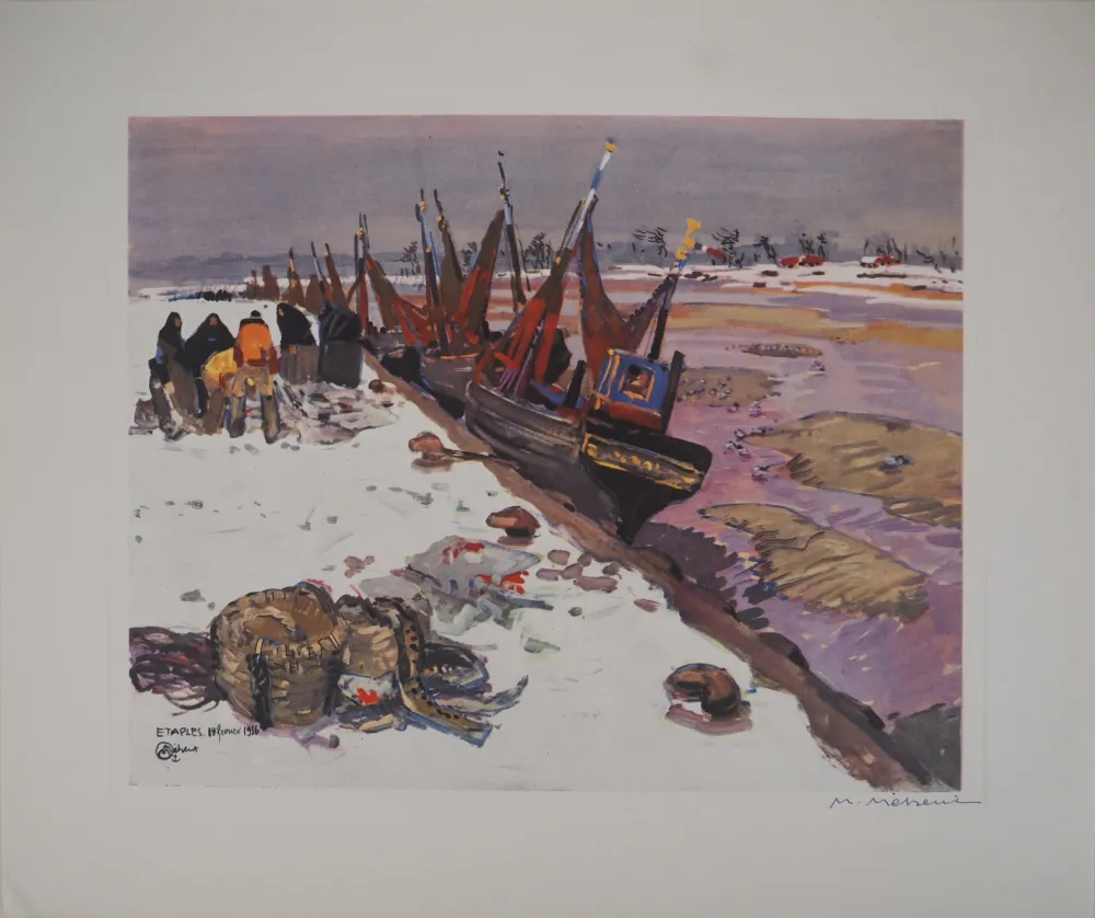 Heliogravüre Méheut - Bretagne : Le Port d'Etaples sous la Neige