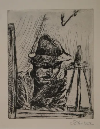 Stich Meidner - Selbstbildnis (mit Hut im Atelier)