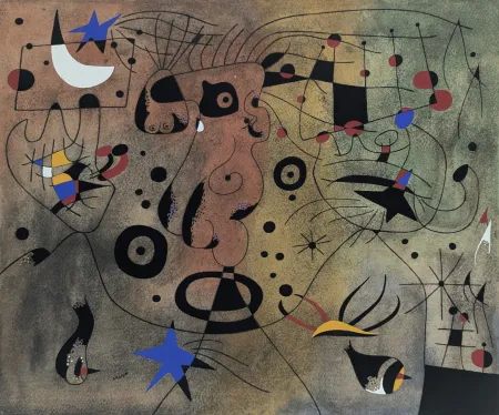 Pochoir Miró (After) - Femme à la blonde aisselle coiffant sa chevelure à la lueur des étoiles (Constellations) 
