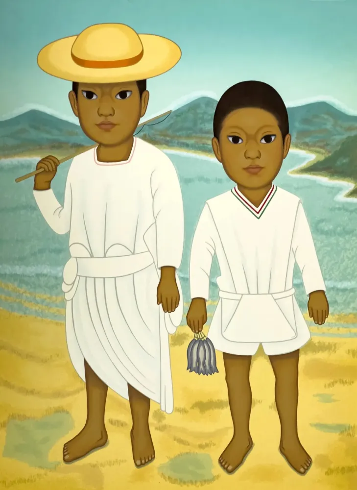 Siebdruck Montoya - Pescadores, dos ninos con arte de pesca