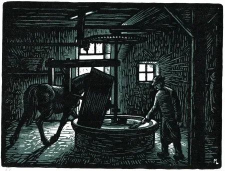 Holzschnitt Moreau - LA MEULE A BLE / CORN MILLSTONE - Bretagne / Brittany - France - 1908