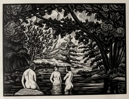 Holzschnitt Moreau - LES BAIGNEUSES / BATHERS - Gravure s/bois / Woodcut - 1912
