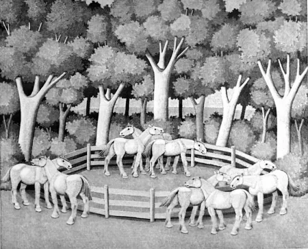 Holzschnitt Morena - Cavalli nel bosco