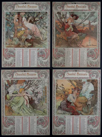Lithographie Mucha - Chocolat Masson / Chocolat Mexicain, 1897 - A set of four original lithographs in colors