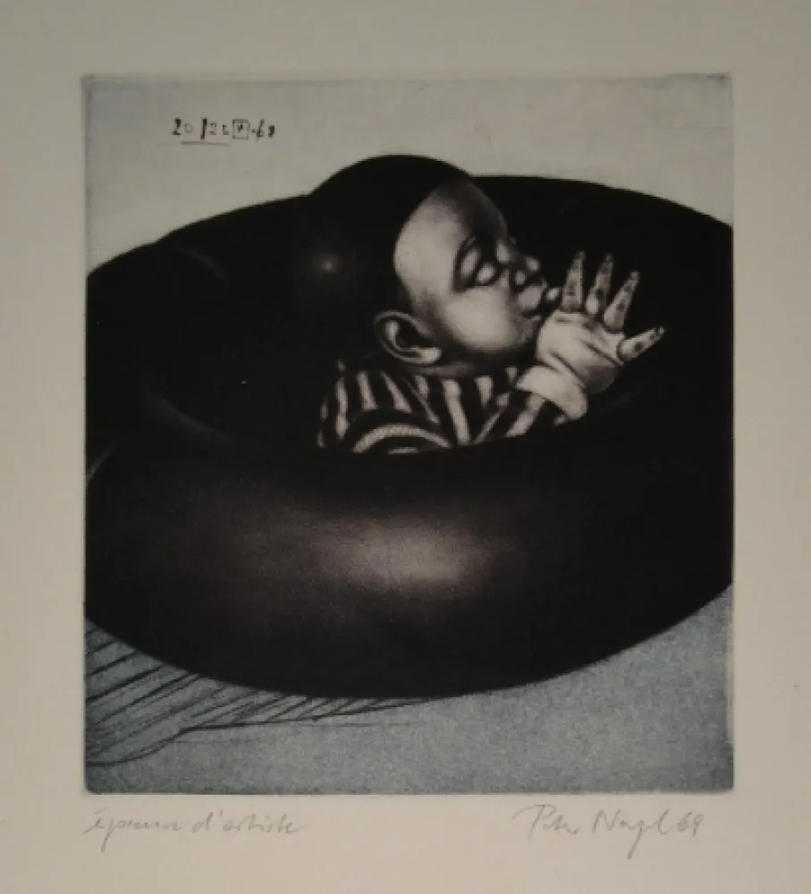 Aquatinta Nagel - Junge im schwarzen Schlauchboot