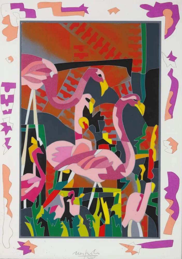 Stich Nespolo - Ugo Nespolo (1941) - Fenicotteri rosa - screen printing on paper